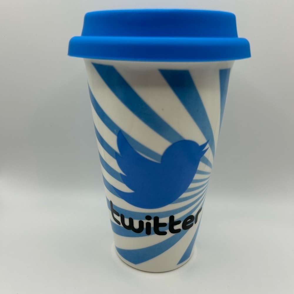 Twitter Ceramic Travel Coffee Mug With Silicone Lid Blue White 10-12oz